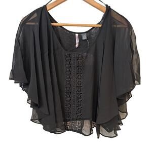 Love By Design Black Boho Crochet Flounce Crop Top Sheer Flutter Sleeve Size M